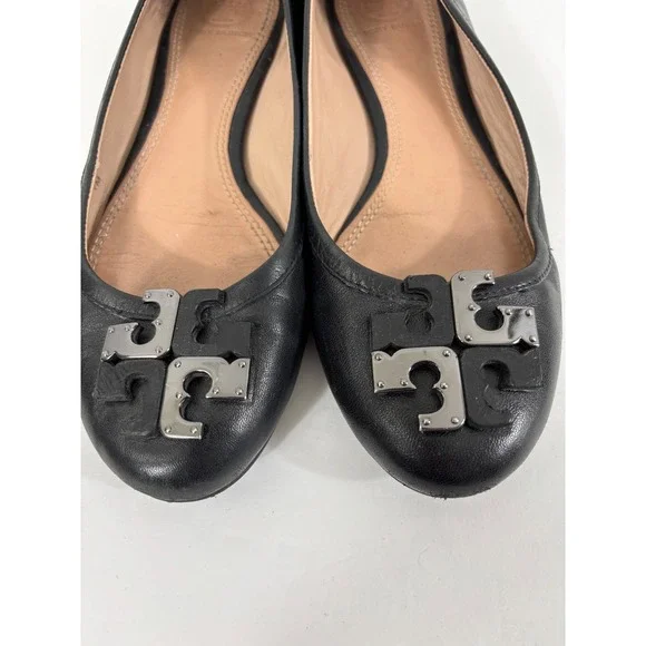 Tory Burch Black Lowell Leather Ballet Flats Embellished Logo Size 7 M - Picture 2 of 16